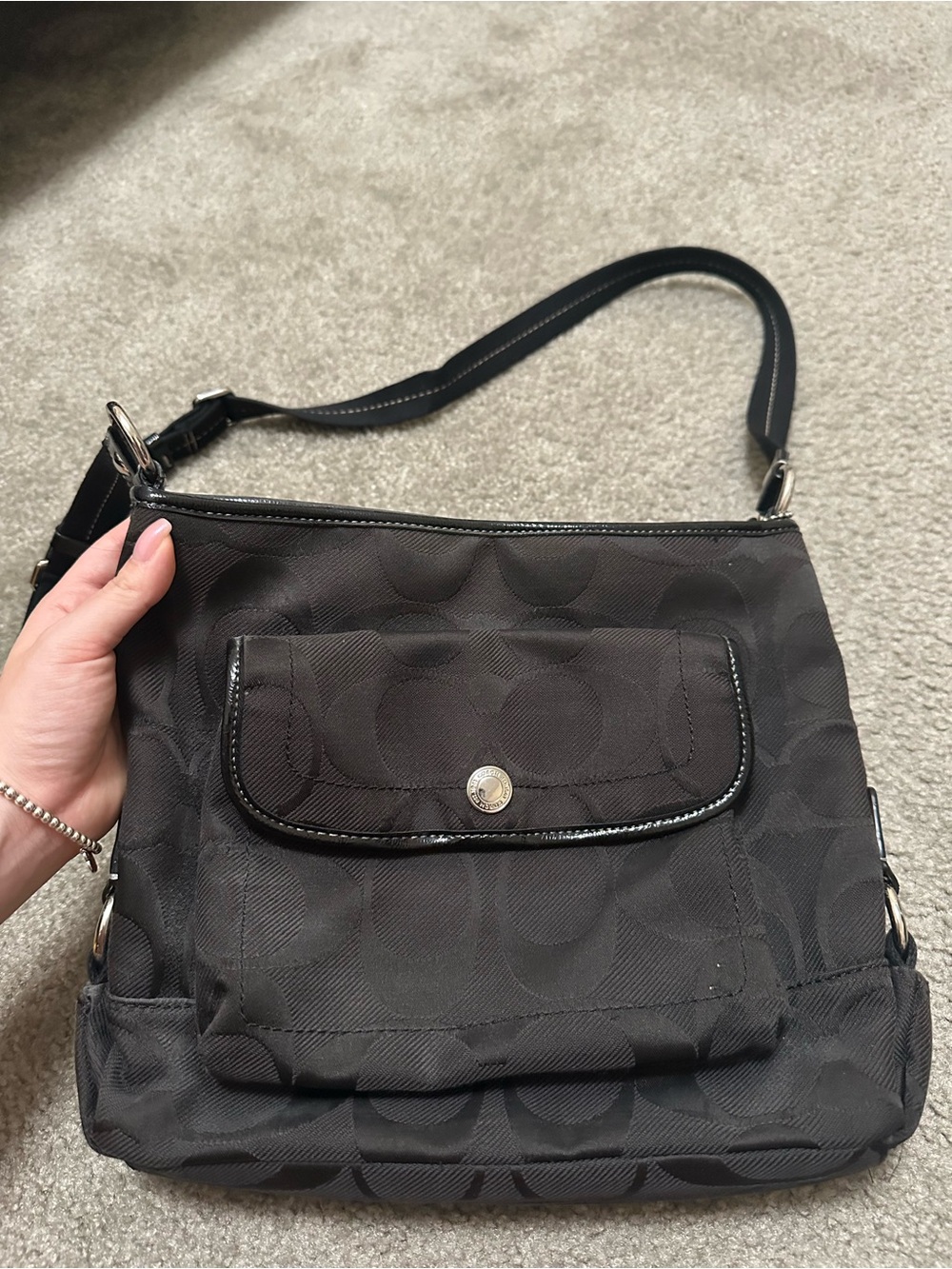 Coach Black Signature Shoulder Bag with Front Pocket